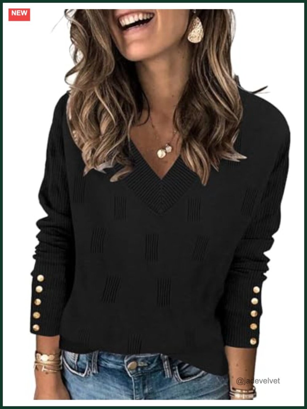 V Neck Lightweight Knit Pullover Sweater Long Sleeve Decorative Buttons